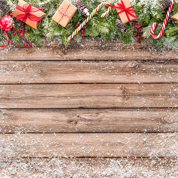 Christmas Background with Leaf Decorations and Gift Boxes on Wooden Board - Backdropsource