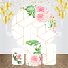 White Background with Pink Roses Event Party Round Backdrop Kit - Backdropsource